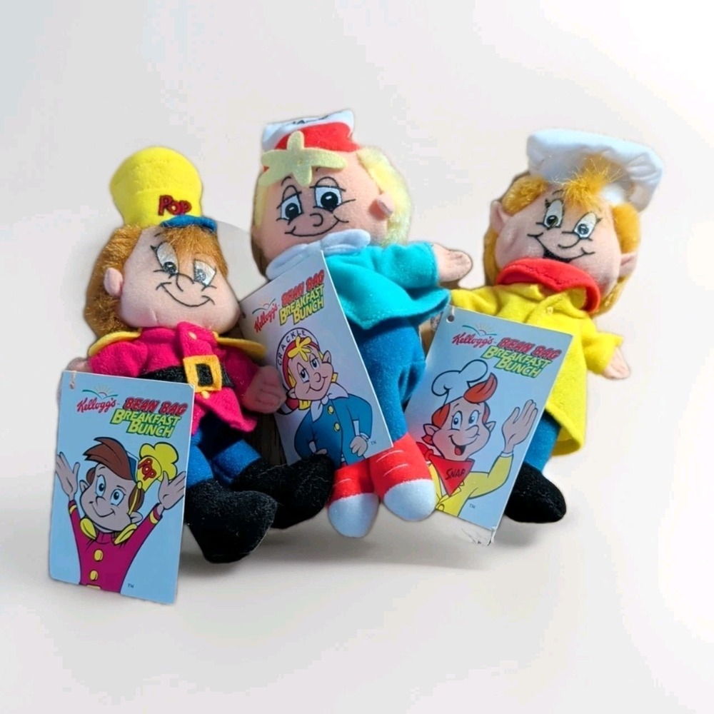 Kellogg's Rice Krispies 1997 Snap Crackle Pop Plush Bean Bag Plush Doll Set NWT!